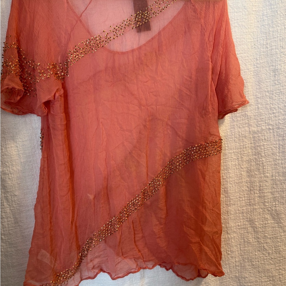 Free People Coral Sheer Embellished Scoop Neck Top